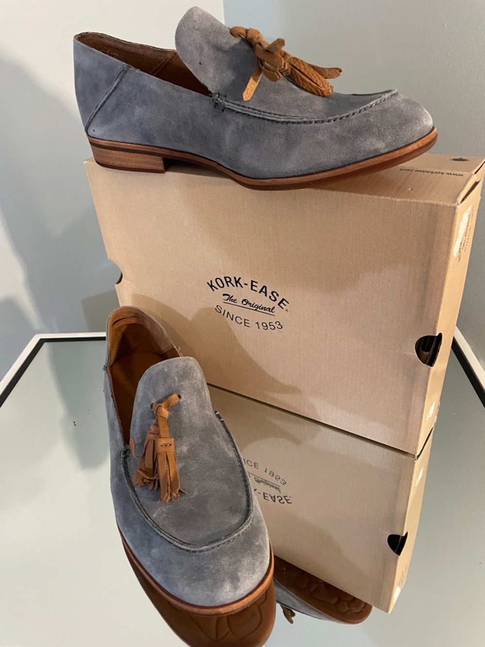 Kork-Ease Tinga Blue Gray Suede Tassel Loafers with Tan Tassels new with box 11